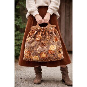 Vintage 70s Boho Floral Carpet Bag Retro Velour Purse 17" w/Wood Handles